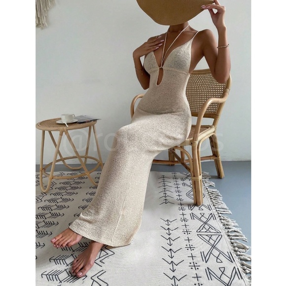 Beige Knit Coverup Dress Tie Straps Long Form Fitting Maxi Deep V-Cut - Picture 5 of 11